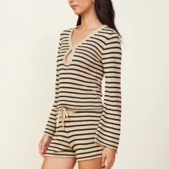 MONROW Linen Sweater Long Sleeve Top ECRU/BLKSTRIPE Fashion